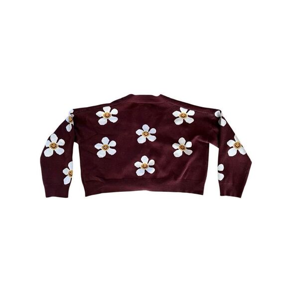 Oversized Slouchy Cropped Smiley Flower Daisy Brown Cardigan Sweater Hippie M/L - Picture 2 of 3